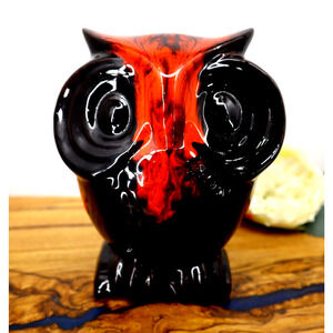 Vintage Canuck Pottery Black Owl with Red Drip Glaze Coin Bank, Evangeline Ware